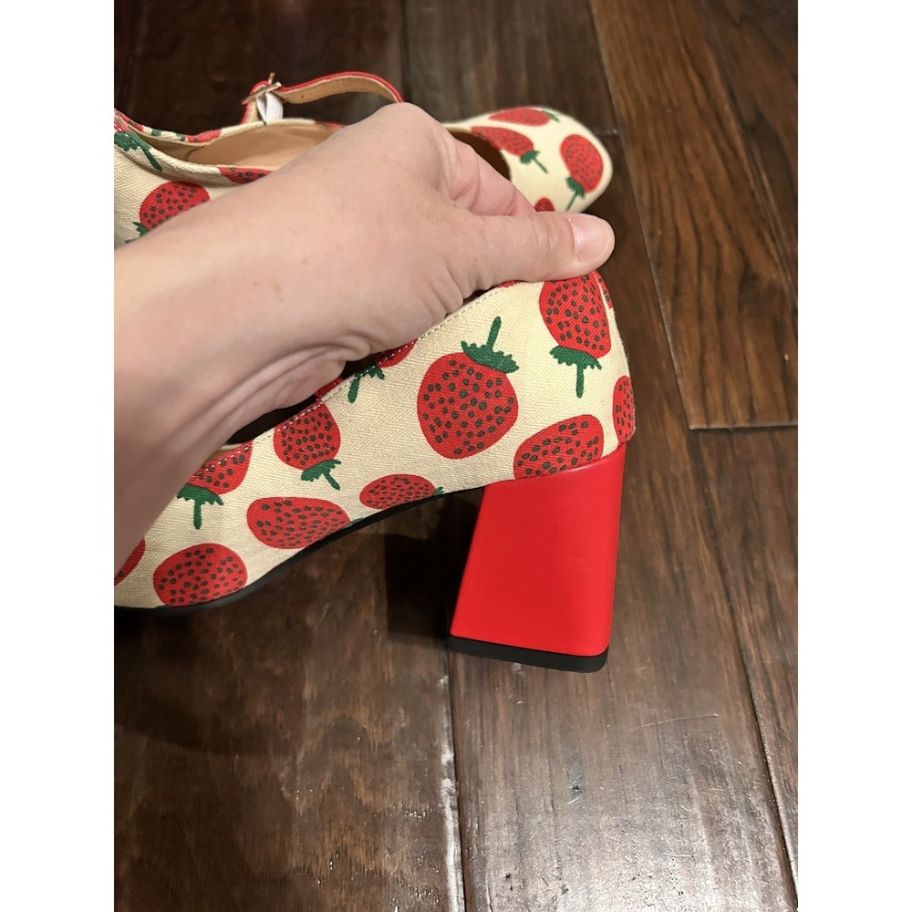 Strawberry Pattern Square Toe Chunky Heeled Mary Jane Pumps Sz 8 - Picture 7 of 12